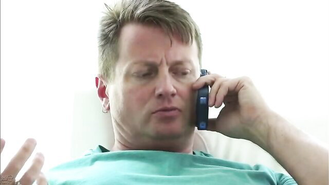 Man on phone gesturing during sex, BangBros face spunk mask scene