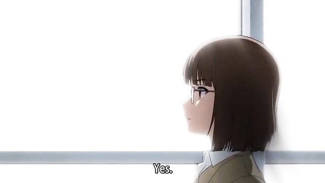 Anime schoolgirl with glasses in uniform says 'Yes' in JAV hentai scene