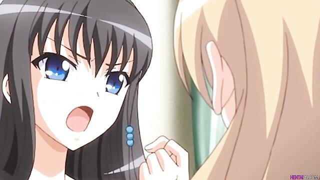 Anime hentai girls with blue eyes shocked faces in steamy threesome