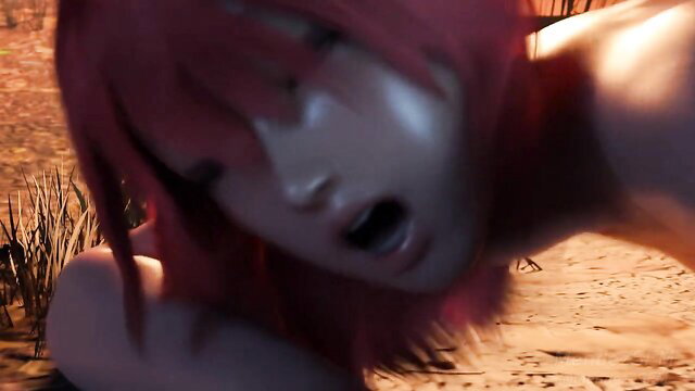 Redhead anime girl Jenny deepthroating wolf cock in hentai outdoor scene