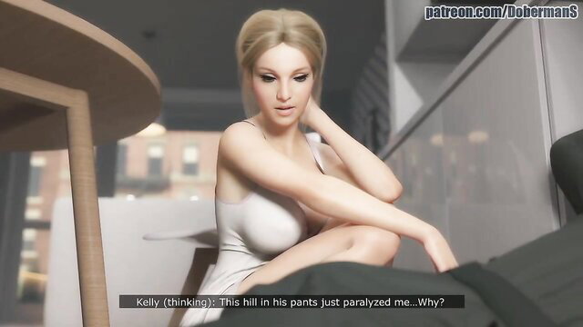 Blonde Kelly in tight white dress sits crossed legs, teasing gaze