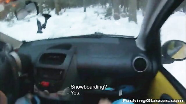 Cute girl snowboarding glasses gives car blowjob on ski trip