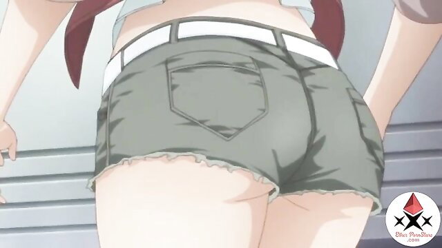 Anime girl in tight denim shorts, thick thighs and big ass from behind