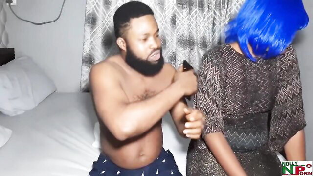 Krissyjoh grabs blue-haired ebony babe's arm before fucking her