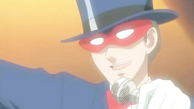 Anime hentai idol in top hat, red mask, tuxedo holding mic on stage