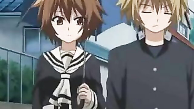 Anime schoolgirl in sailor uniform with sleepy blond guy outdoors