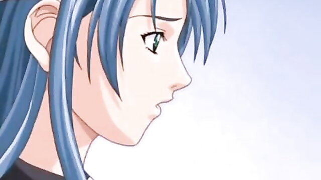 Blue-haired anime milf with huge tits side profile view