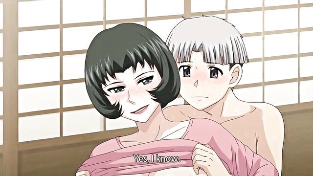 Japanese wife in pink top pulled up, hugged by silver-haired man in hentai