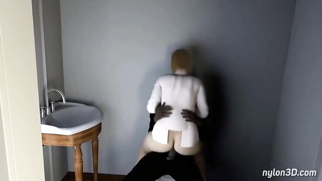 Blonde nurse bent over sink in nylons, fucked hard from behind in bathroom