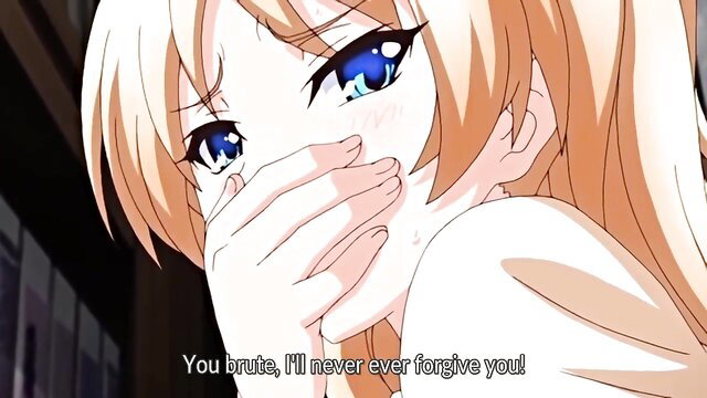 Blonde anime girl with blue eyes crying, hand over mouth in hentai shame
