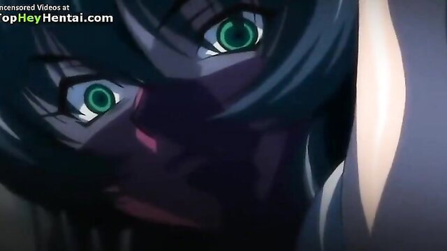 Anime hentai girl with glowing green eyes in intense close-up