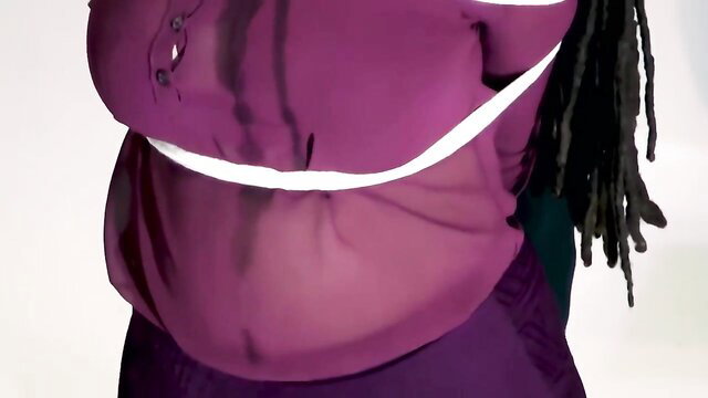 Ebony BBW bound with white tape over purple top, sexy tease