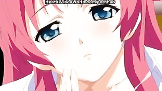Pink-haired anime girl with blue eyes kneels sucking huge dick like a slut