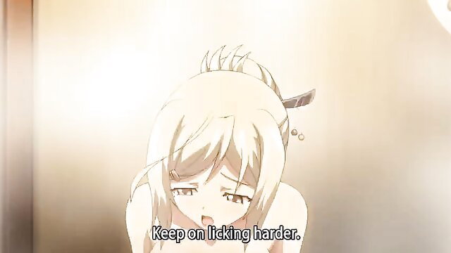 Blonde anime hentai girl with ahoge moans keep licking harder closeup