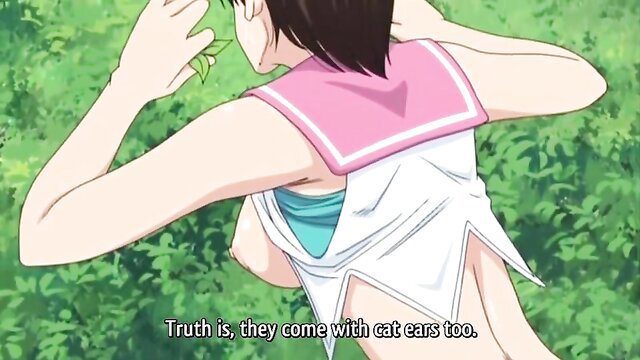 Anime hentai girl in torn sailor uniform outdoors with cat ears