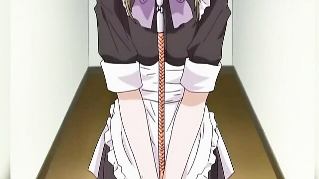 Cute anime maid in black and white dress with purple ribbon, hentai tease