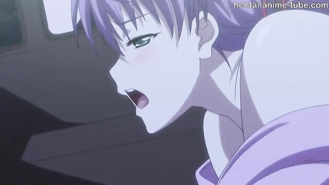 Purple-haired anime hentai girl moaning in ecstasy, nude closeup