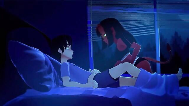 Merunyaa the Succubus straddles cute anime boy in bed, seductive hentai scene