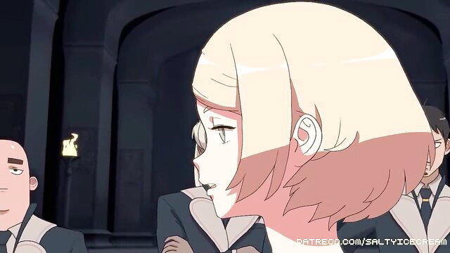 Blonde anime girl in suit whispers intimately with bald man in dark scene