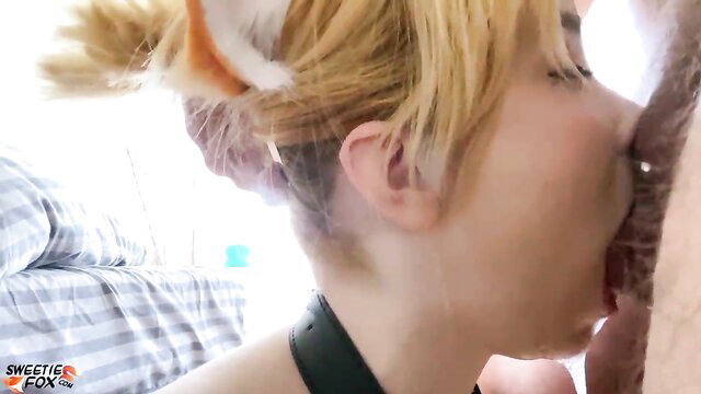 Blonde ponytail catgirl in choker gets hard facefucked closeup