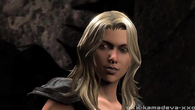 Blonde warrior babe in dark leather armor, intense gaze, fantasy cosplay tease