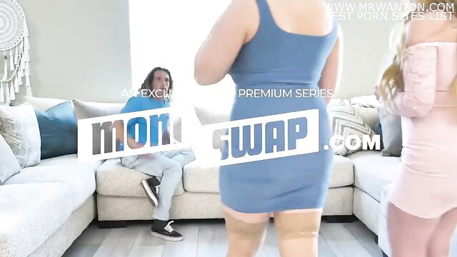 Big titted MILFs in tight dresses stand over guy in hot Mylf swap preview