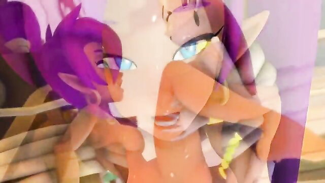 Shantae hentai closeup with blue eyes, purple hair, elf ears, nude tits