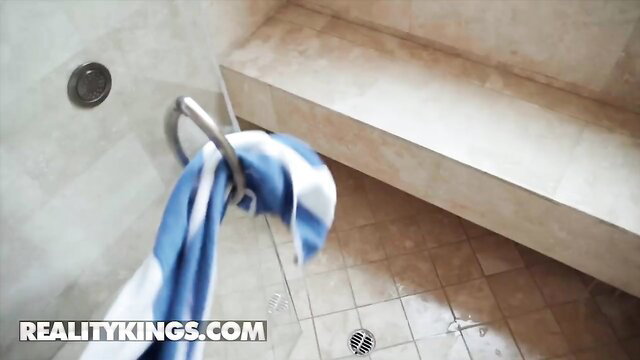 Halle Hayes ebony babe with towel in steamy shower