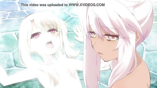 Twin pale anime girls nude, white hair red eyes, playful pose