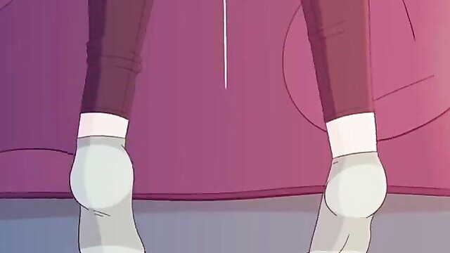 Anime girl in tight maroon leggings and white socks, thick ass view from behind