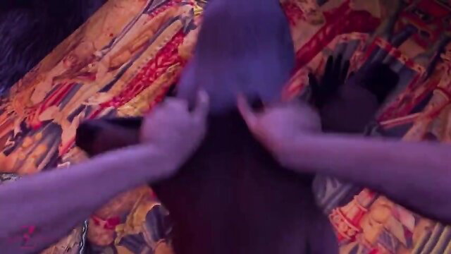 Queen Nualia wench queen grabs crotch closeup in neon-lit bedroom