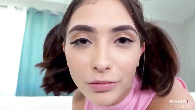 Jane Wilde pigtails closeup in pink top, sexy eyes for Bang anal surprise