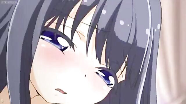 Blushing anime girl with teary blue eyes, close-up seductive expression