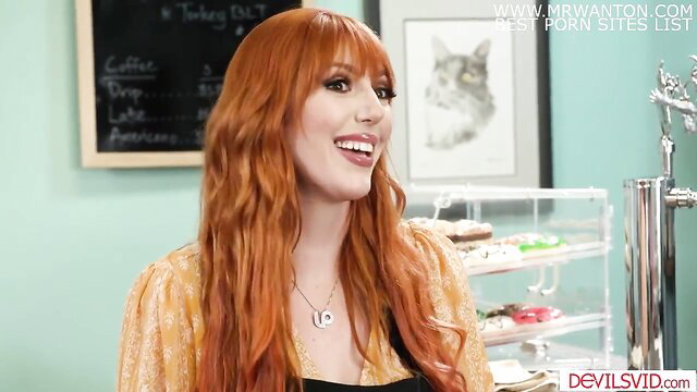 Busty redhead stepmom smiling in cafe apron, busty tits tease