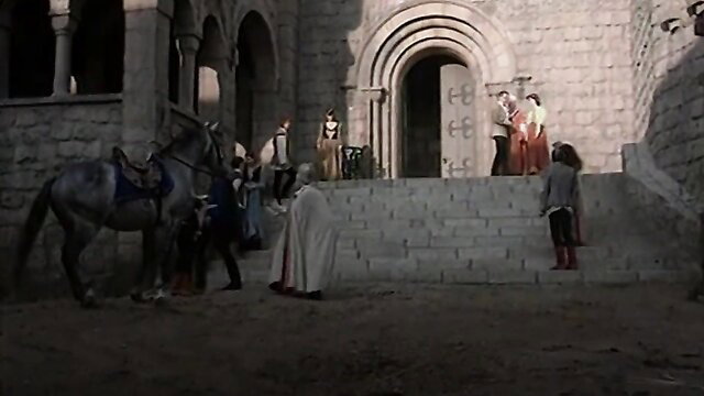 Snow White in medieval castle with dwarfs, knights, horse adult parody