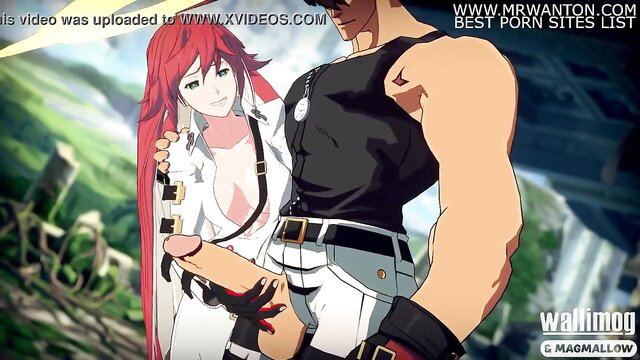 Redhead anime girl with green eyes strokes huge cock in open shirt hentai