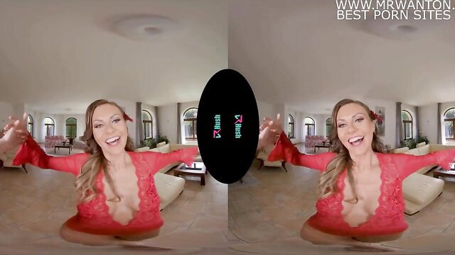 Tina Kay in red lace lingerie smiling in VR POV