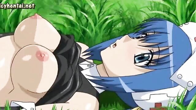 Blue-haired hentai nurse with huge tits lying topless in grass