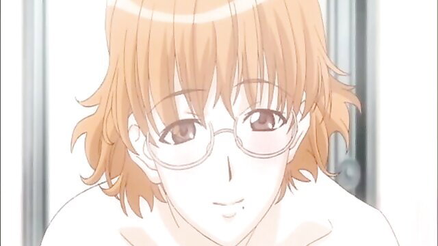 Cute anime step-sister with glasses, orange hair, topless large breasts