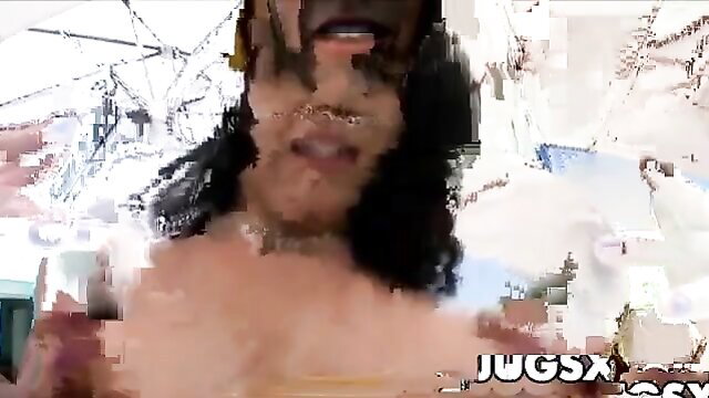 Glitchy closeup of busty black Ella Reese with big tits