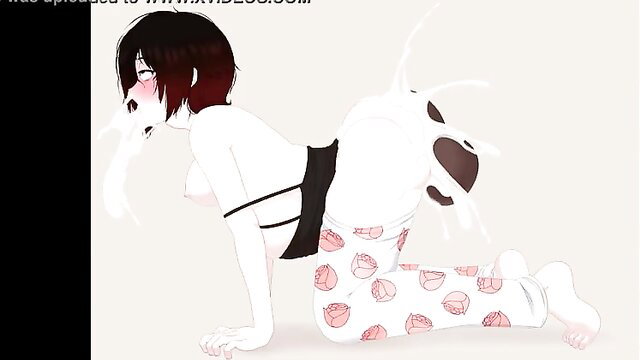 Cute anime girl in doggy pose with massive ass and tail, lingerie pulled aside