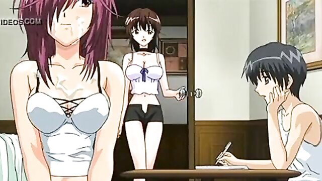 Busty pink-haired anime girl in lingerie approaches brunette in bra and guy at table