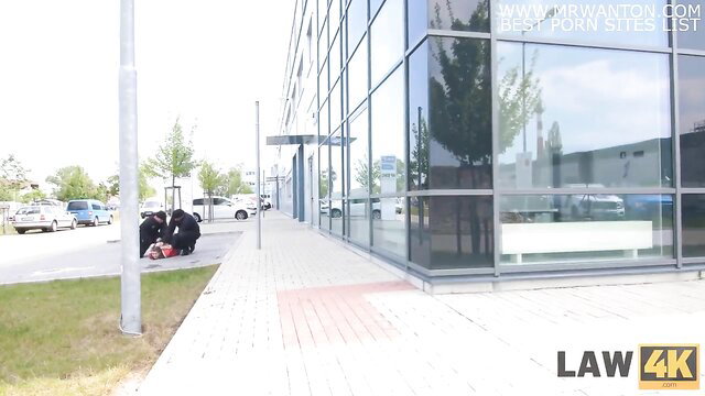 Blonde chick in black dress fucked by security guard outside office building LAW4k