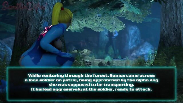 Samus Aran in blue suit approached by aggressive alpha dog in forest