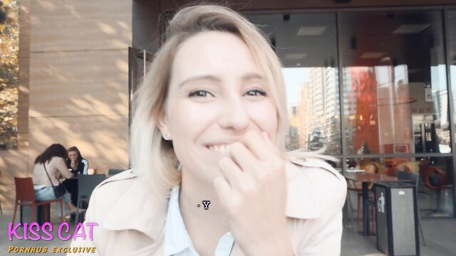 Smiling blonde teen in public cafe, POV blowjob & cum coffee tease