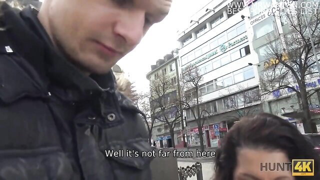 Hunt4K guy tells slutty brunette it's not far, cuckold watch ahead