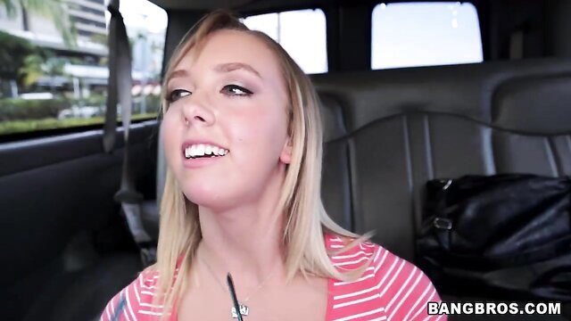 Blonde babe smiling in car, POV tease before facial cumshot