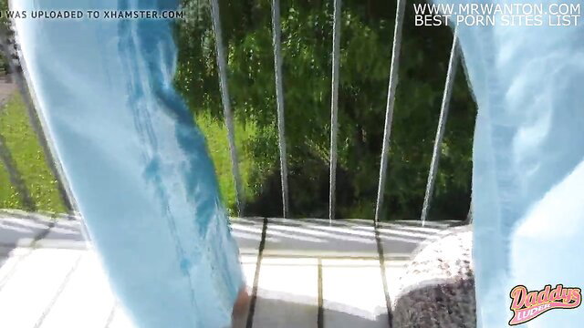 Hot slut pees in wet blue jeans on balcony, Daddy's slut amateur wetting