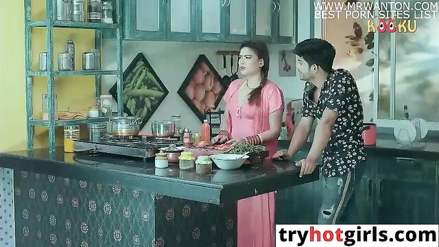 Indian bhabhi in pink dress cooks with devar in kitchen tease