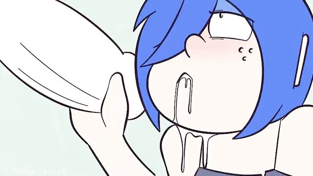 Blue-haired anime girl ahegao face sucking massive white cock with cum drip